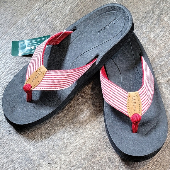 L.L. Bean Shoes - L.L. Bean Maine Isle Flip Flop Women's 10 Black, Red & White Striped Sandals NWT